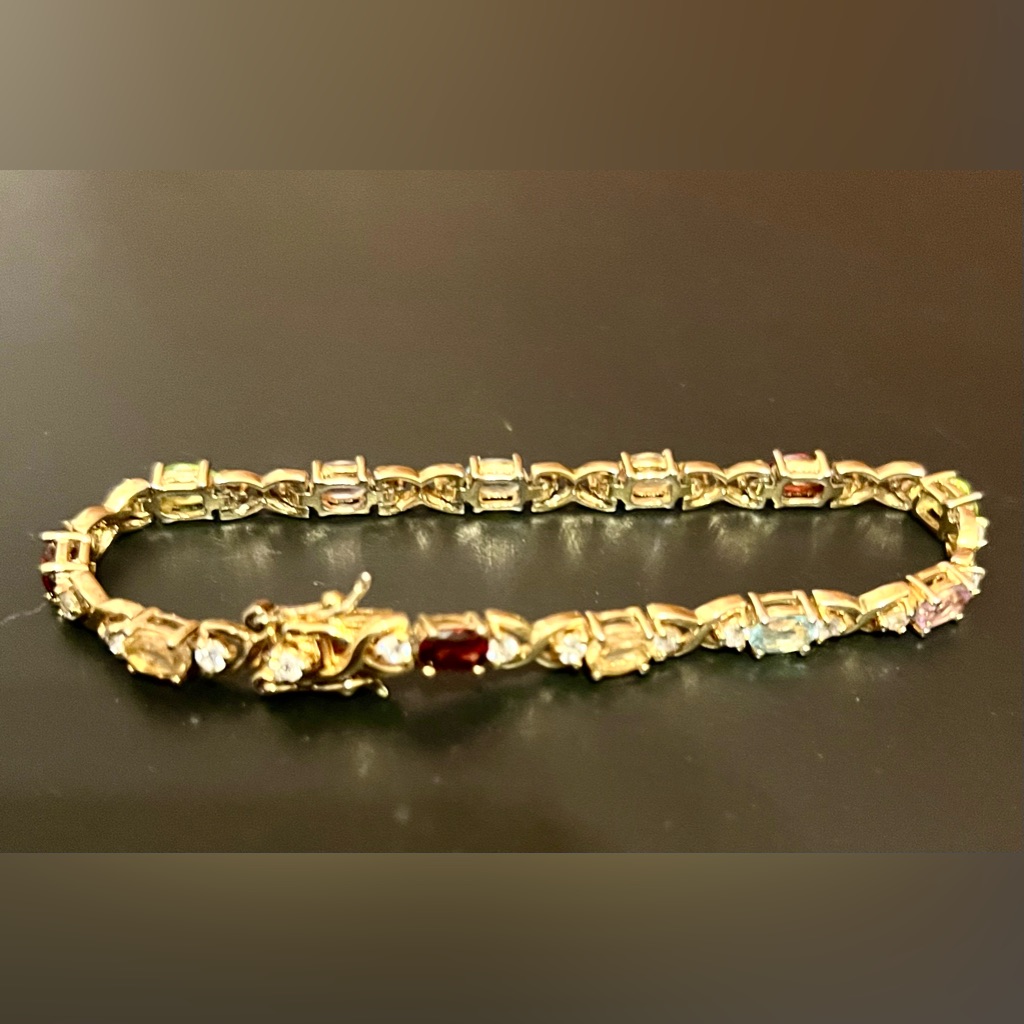 Vintage Tennis Bracelet Dbl 925 Gold Multi Colored Semi Precious Gems